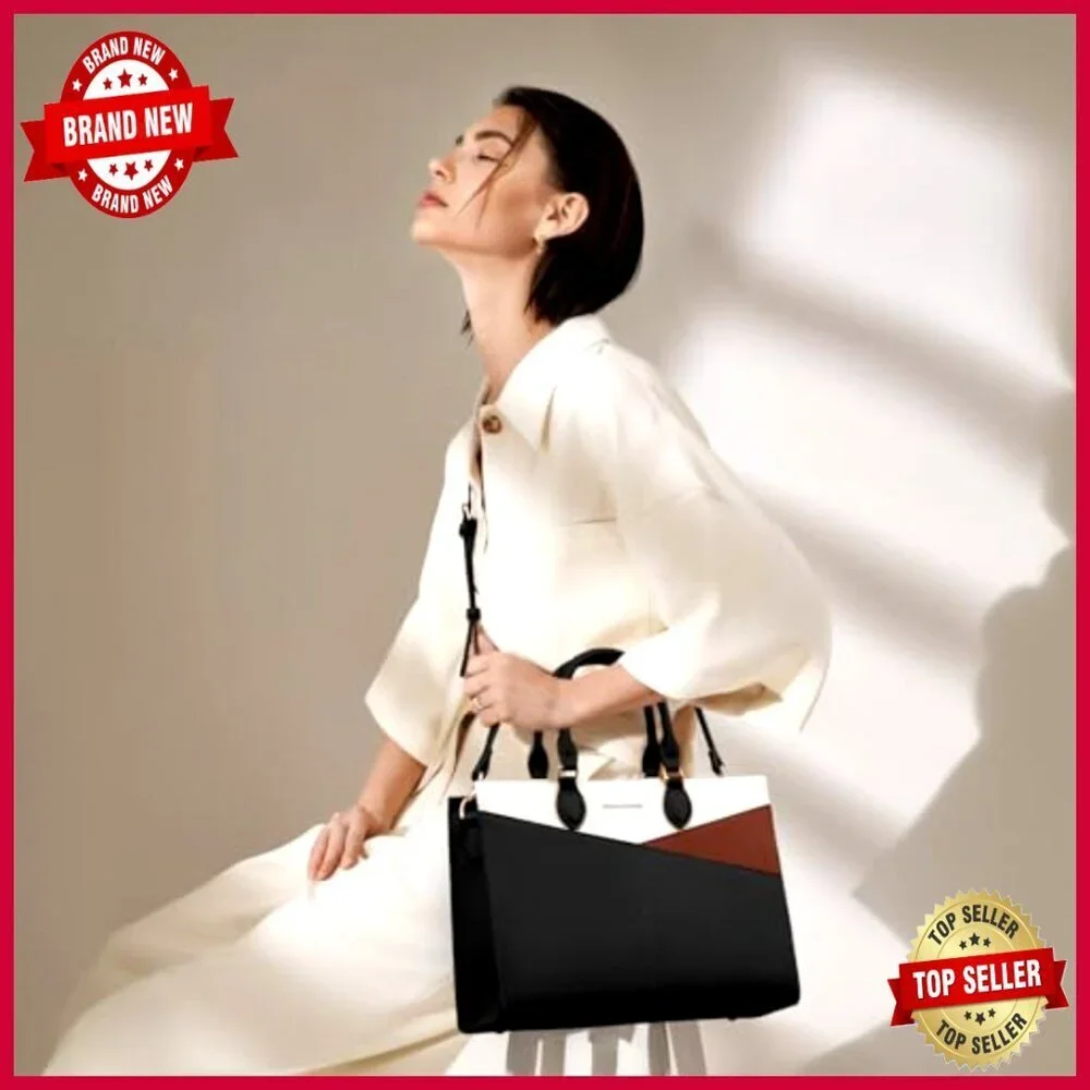 Large PU Leather Satchel Tote with Adjustable Strap, 6 Pockets